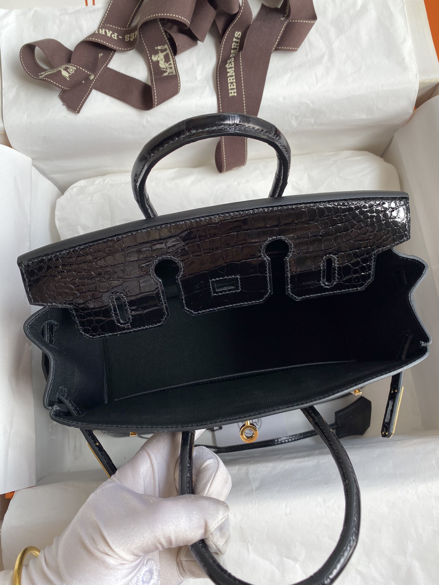 Hermes Birkin 25CM Handmade Bag In Black Crocodile Niloticus Shiny Skin